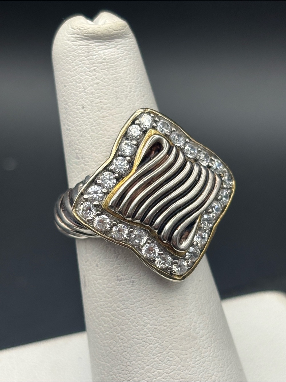Two-Tone Sterling Square Wave Ring with Clear Crystal Halo -